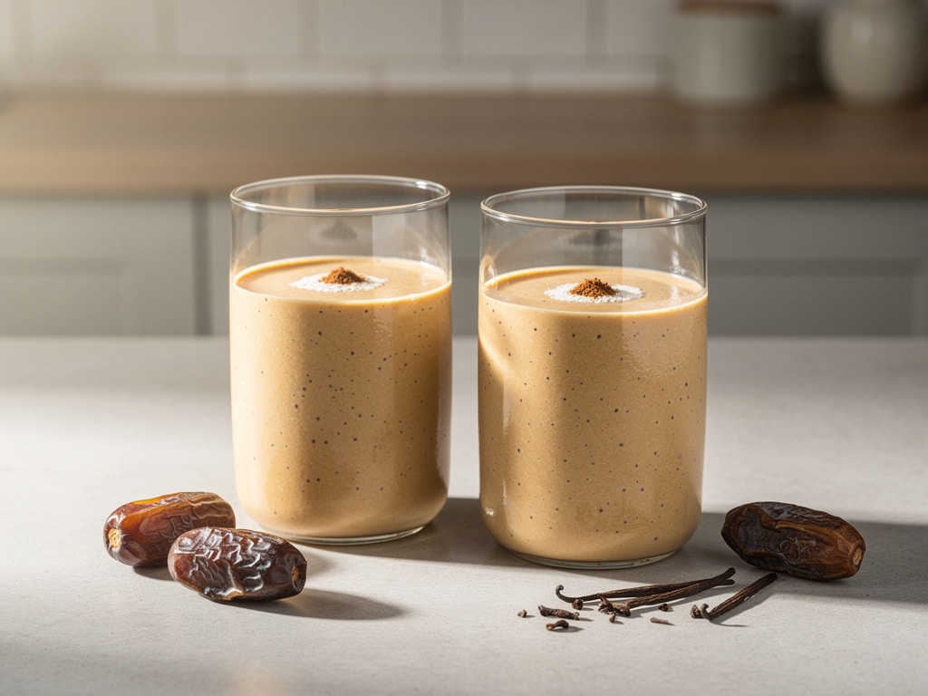 Cremiger Dattel-Smoothie in zwei Gläsern auf einem hellen Tisch