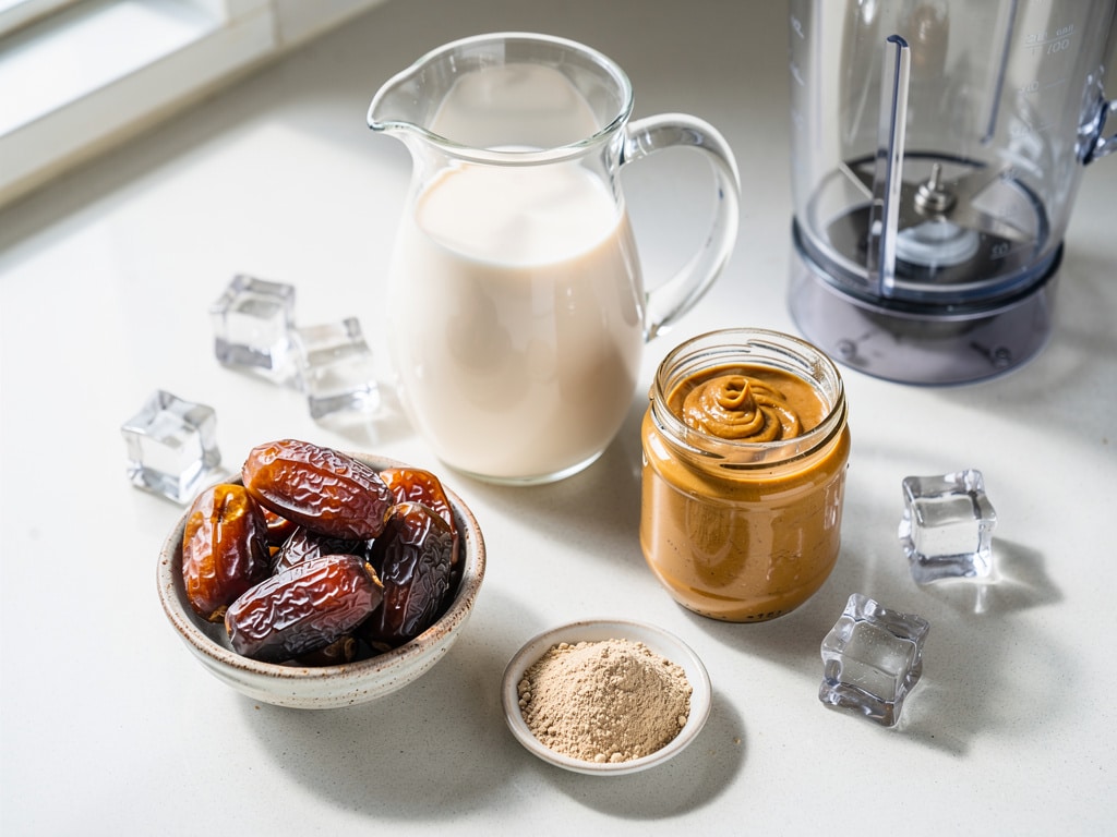 Datteln, Pflanzendrink, Nussmus, Eiswürfel und Vanille neben einem Mixer