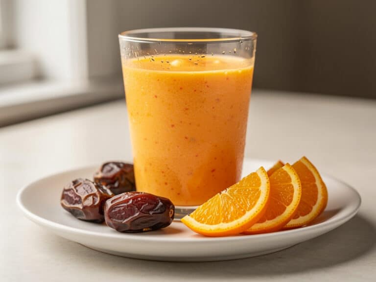 Cremiger Dattel-Smoothie mit Orange in einem Glas, daneben Datteln und Orangenscheiben
