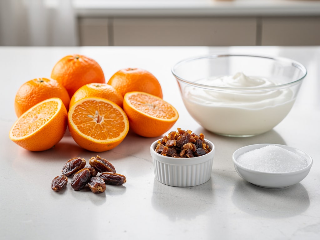 Orangen, gehackte Datteln, Naturjoghurt und Zucker auf einer hellen Arbeitsfläche