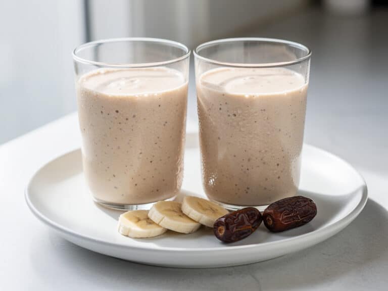 Zwei Gläser Bananen-Dattel-Smoothie mit Zimt auf einem Teller