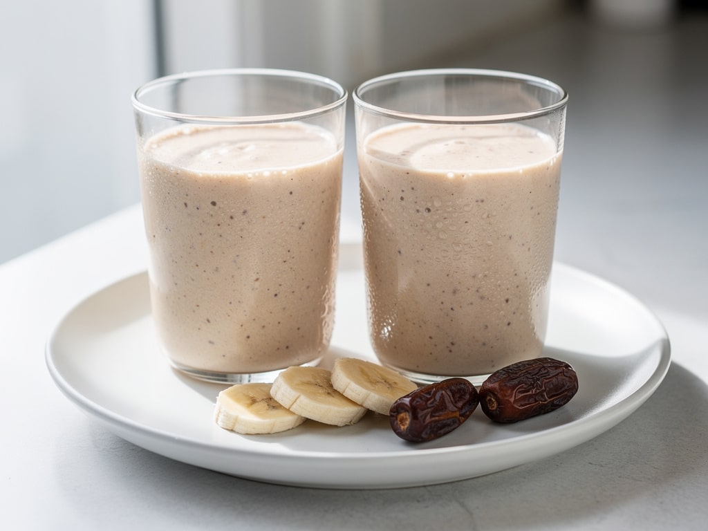 Zwei Gläser Bananen-Dattel-Smoothie mit Zimt auf einem Teller