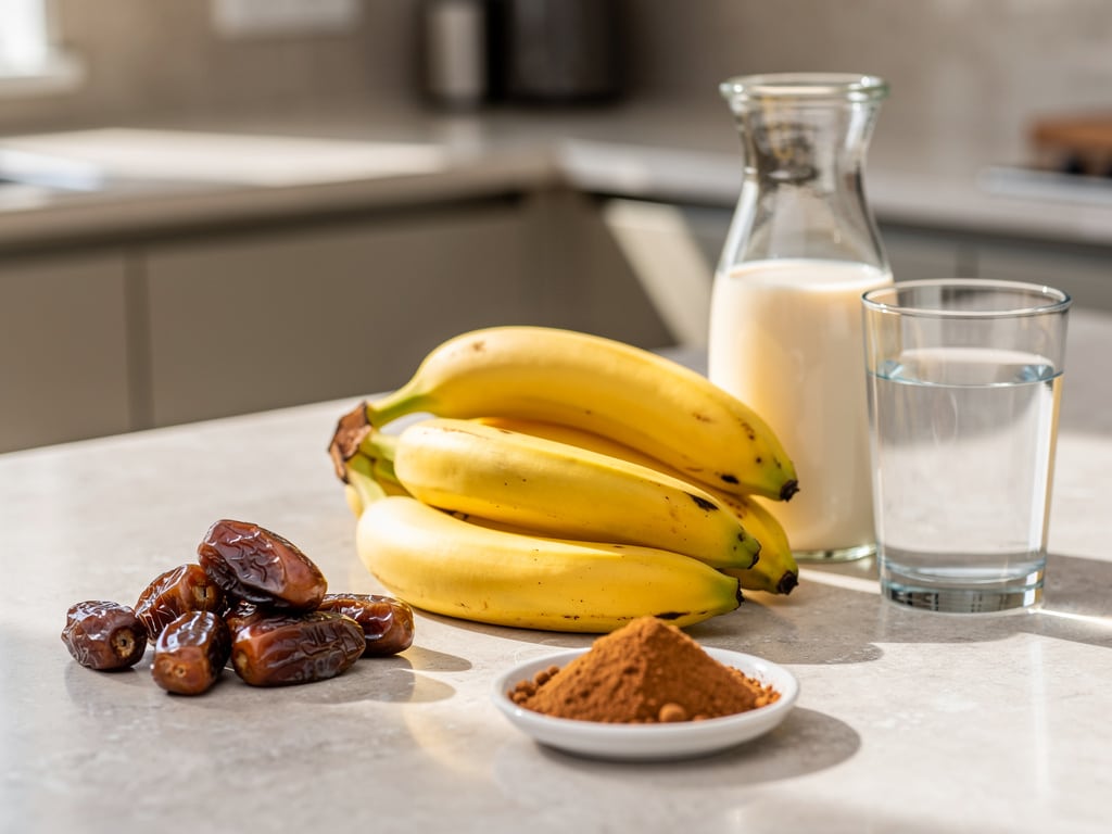 Zutaten für einen Bananen-Dattel-Smoothie auf einer Küchenarbeitsfläche