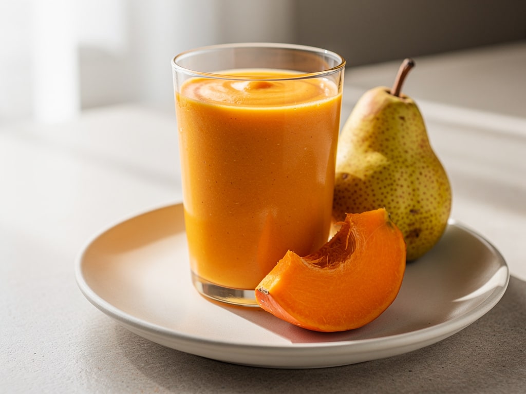 Ein Glas orangefarbener Kürbis-Smoothie mit Birne und Möhren auf einem Keramikteller.