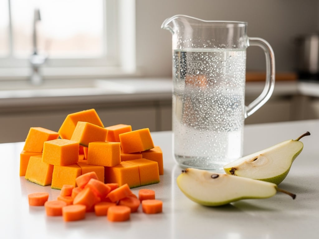 Kürbiswürfel, Möhren, Birnenstücke und kaltes Wasser auf einer Küchenarbeitsfläche.