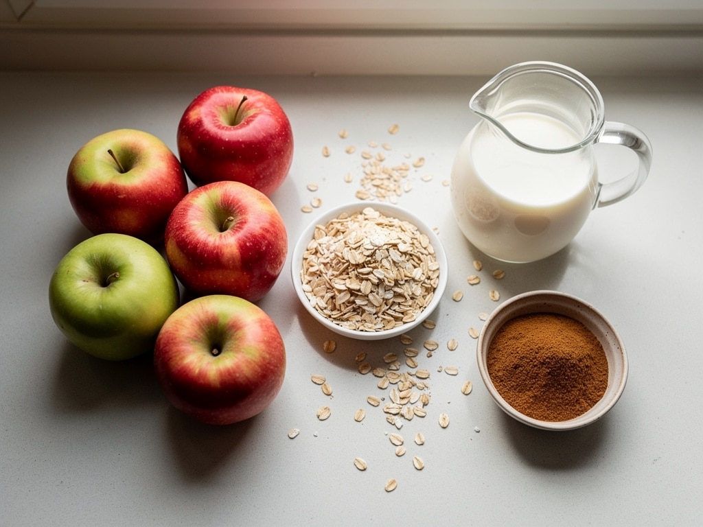 Äpfel, Haferflocken, Milch und Zimt für einen Smoothie auf der Arbeitsfläche