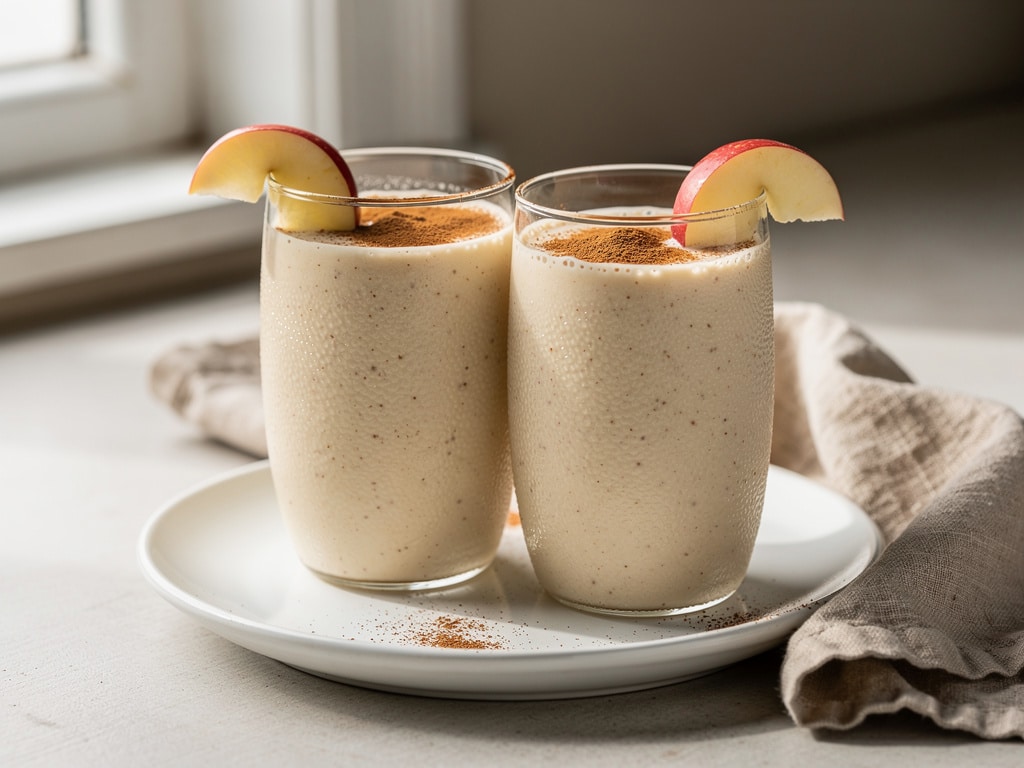 Cremiger Apfel-Zimt-Smoothie mit Zimt und Apfelschale in zwei Gläsern