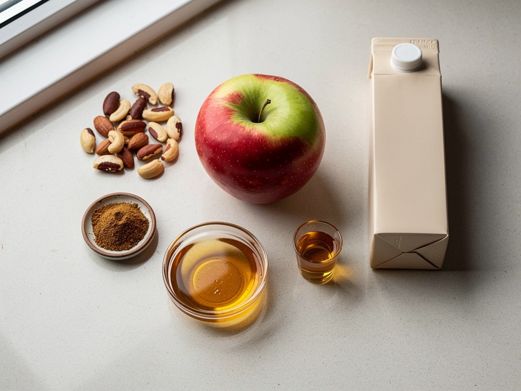 Apfel, Paranüsse, Zimt, Honig, Vanille und Mandelmilch auf einer Arbeitsfläche