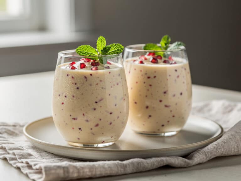 Zwei Gläser Birnen-Smoothie mit Granatapfel, Zimt und Zitronenmelisse