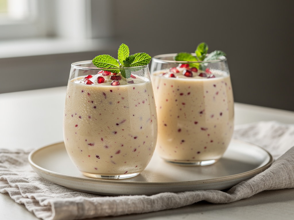 Zwei Gläser Birnen-Smoothie mit Granatapfel, Zimt und Zitronenmelisse