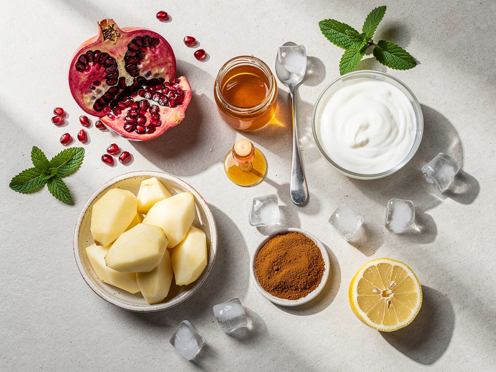 Birnen, Granatapfel, Joghurt und weitere Zutaten für den Smoothie auf einer Arbeitsfläche