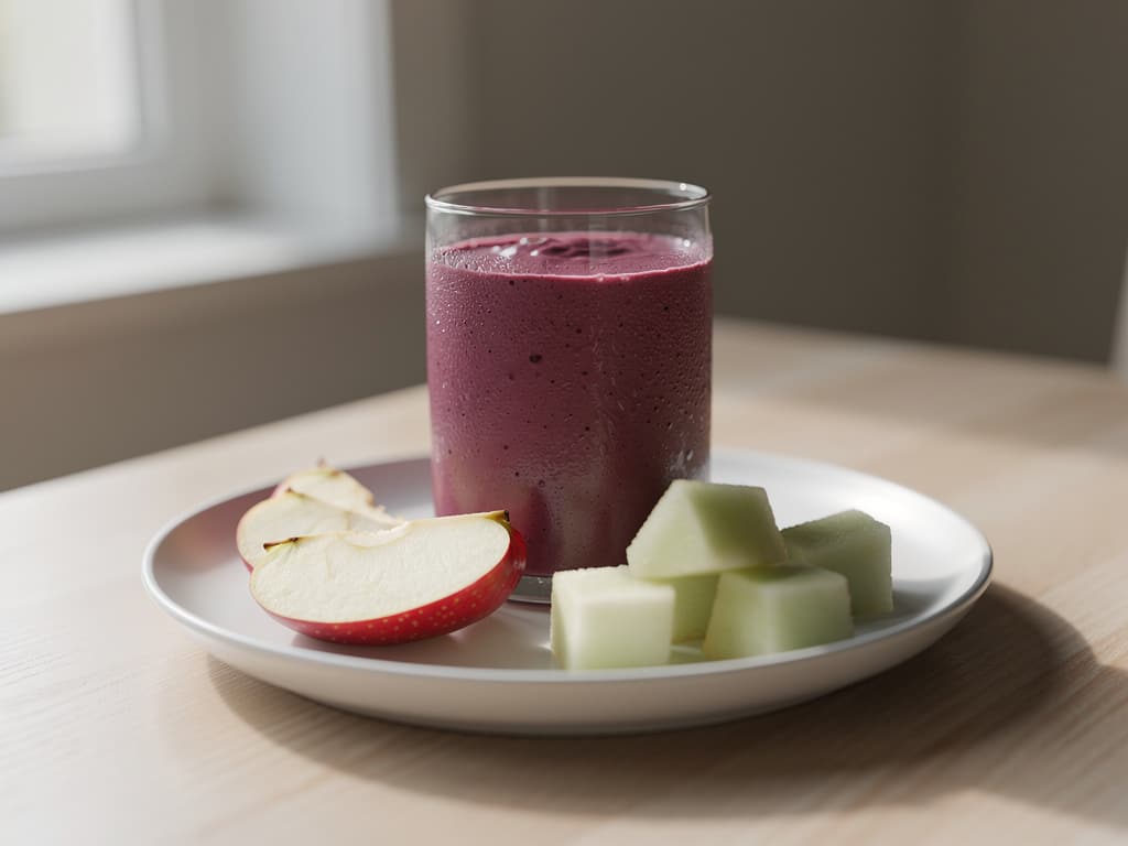 Ein Glas sämiger Pflaumen-Smoothie mit Apfel- und Melonenstücken auf einem Teller