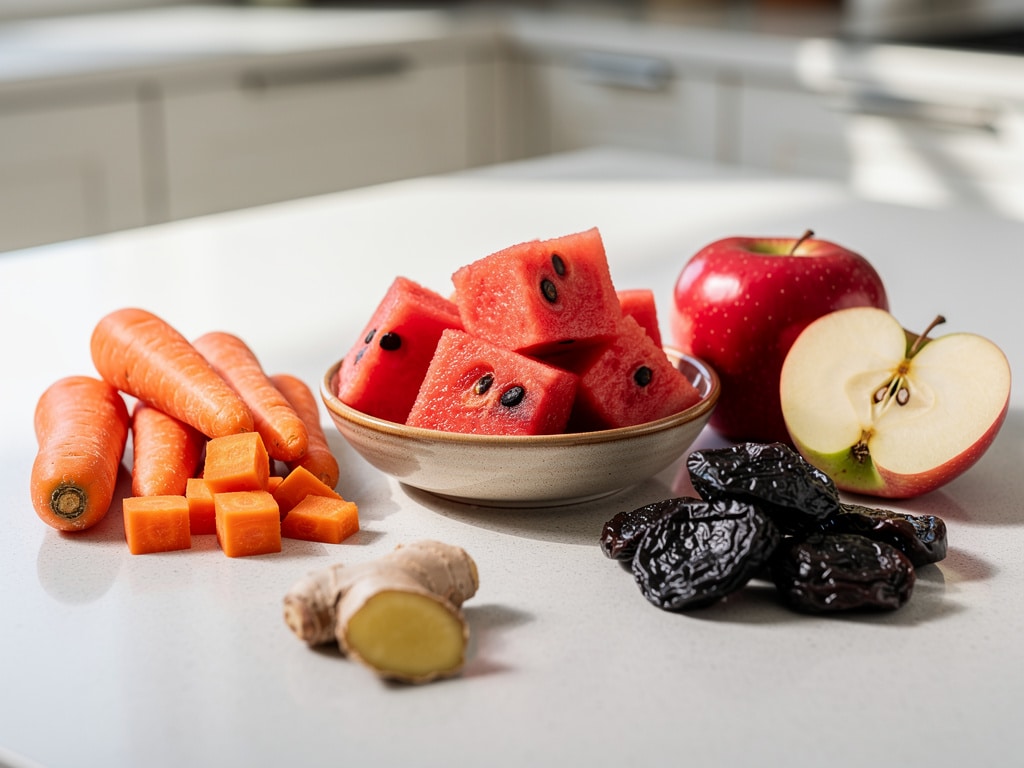 Möhren, Wassermelone, Äpfel, Trockenpflaumen und Ingwer auf einer Küchenarbeitsfläche