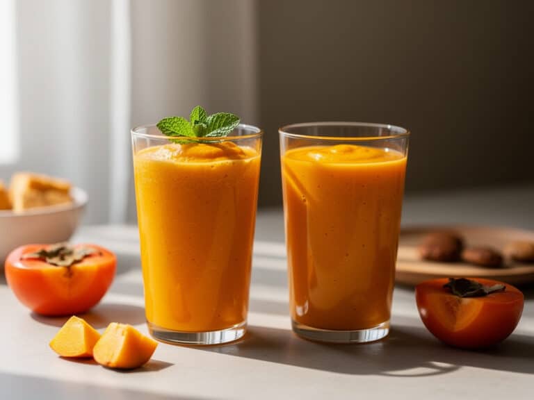 Kaki-Smoothie in zwei Gläsern, mit Minze garniert