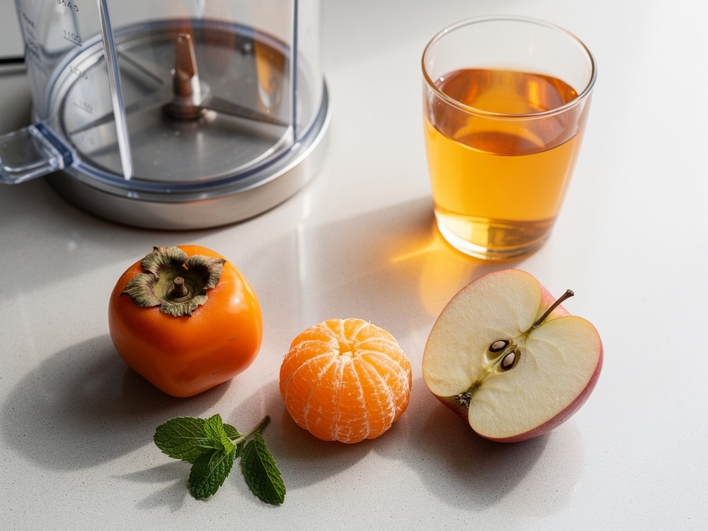 Kaki, Mandarine, Apfel, Apfelsaft und Minze neben einem Mixer