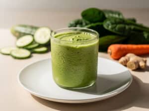 Grüner Smoothie mit Spinat, Banane und Orangensaft in einem Glas