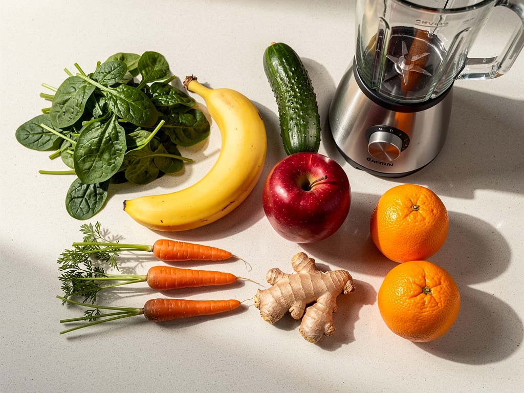 Zutaten für grünen Smoothie mit Spinat, Banane, Karotte und Ingwer