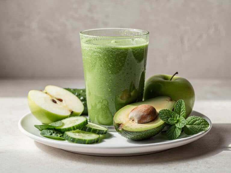 Grüner Smoothie mit Gurke, Apfel, Spinat, Avocado und Minze im Glas