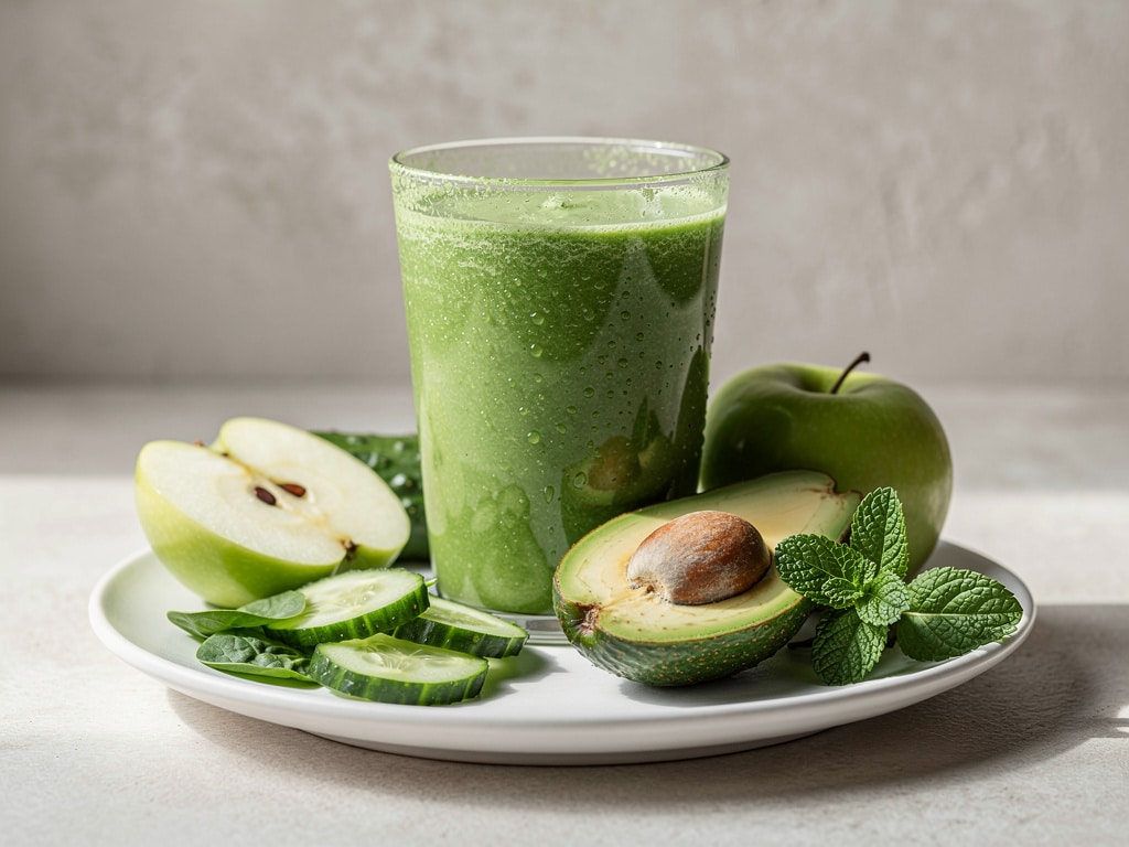 Grüner Smoothie mit Gurke, Apfel, Spinat, Avocado und Minze im Glas