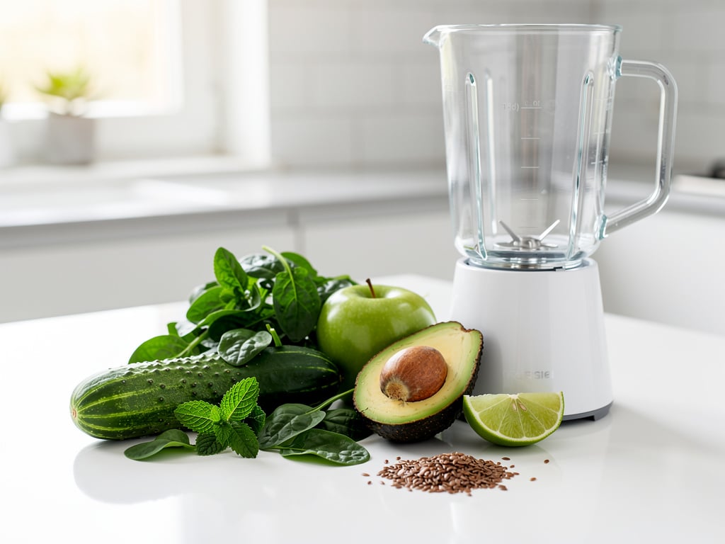Zutaten für den grünen Smoothie neben einem Mixer auf der Arbeitsfläche