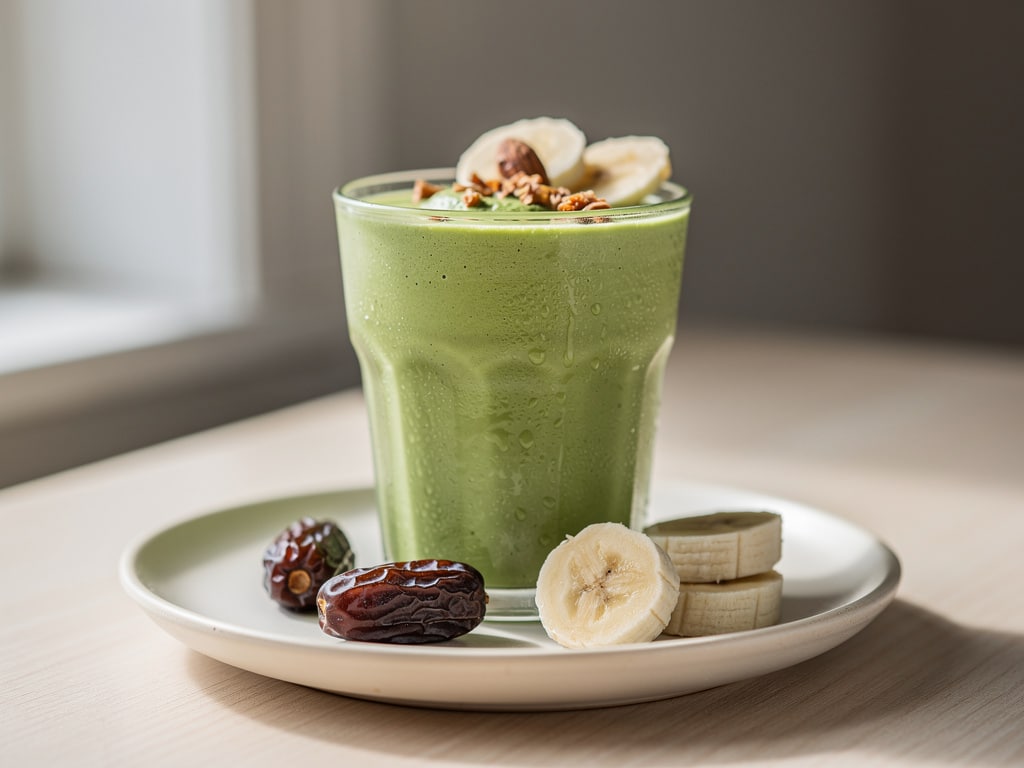 Cremiger grüner Matcha-Smoothie mit Banane und Datteln in einem Glas