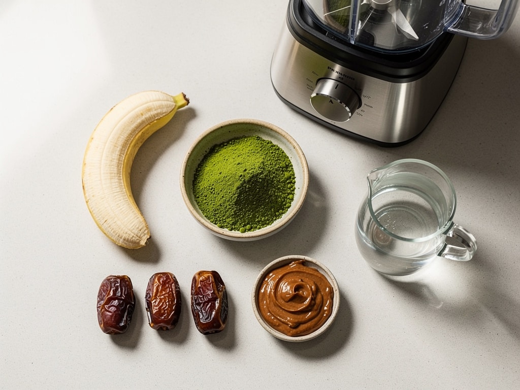 Matcha-Pulver, Banane, Datteln, Mandelmus und Wasser neben einem Mixer
