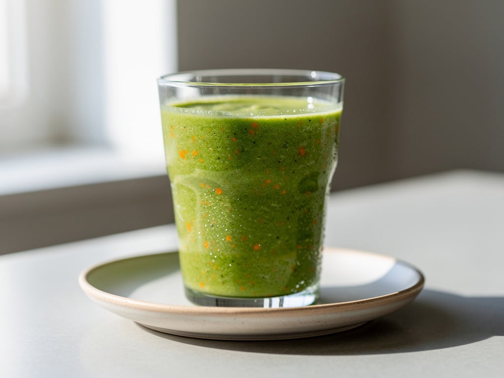 Grüner Feldsalat-Smoothie mit Möhre und Apfel in einem Glas