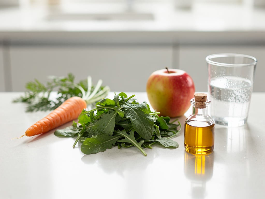 Feldsalat, Möhre, Apfel, Leinöl und Wasser für einen Smoothie
