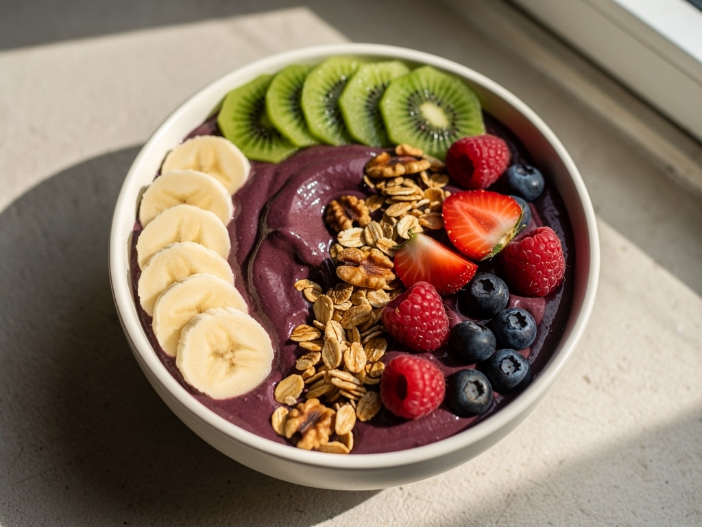 Açaí Bowl mit Bananen- und Kiwischeiben, Beeren und knusprigem Walnuss-Hafer-Crunch