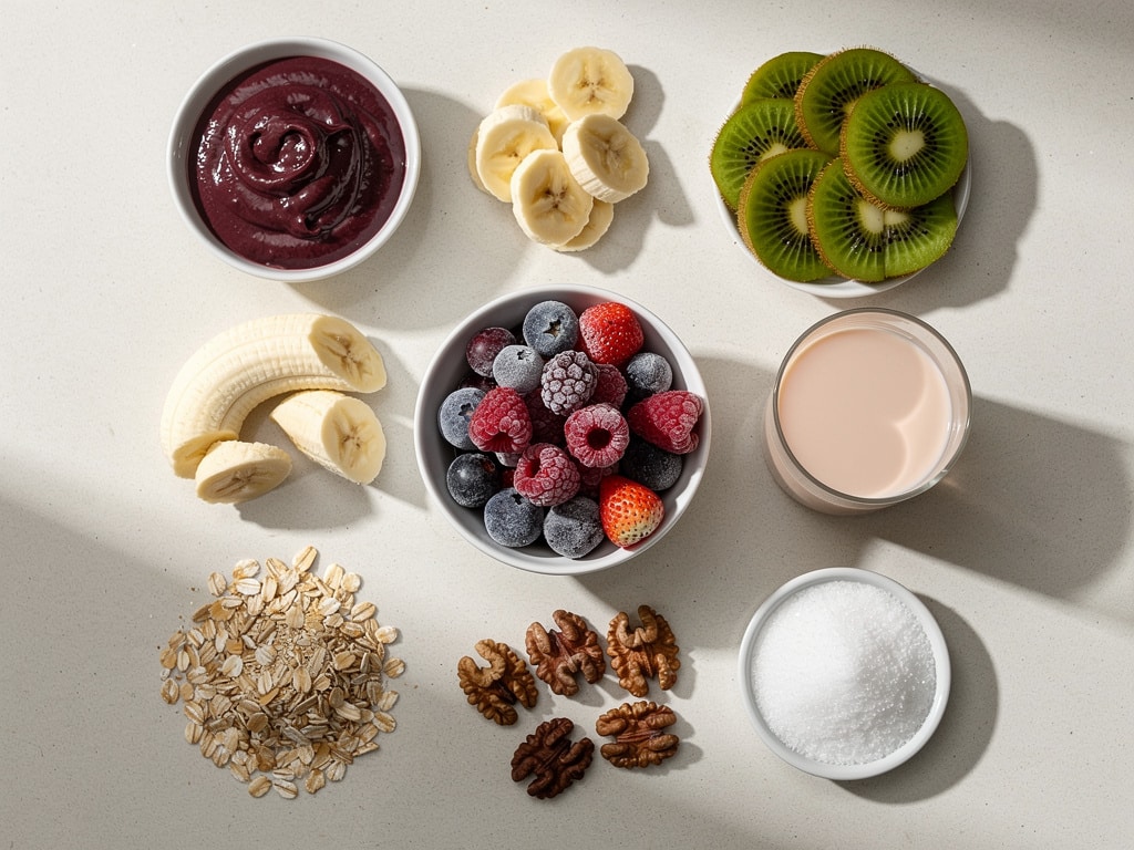 Zutaten für eine Açaí Bowl mit Açaí-Püree, Früchten, Haferflocken und Walnüssen