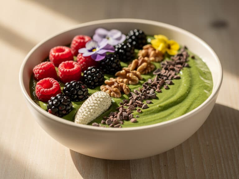 Grüne Smoothie Bowl mit Beeren, Walnüssen, Kakaonibs und weißen Maulbeeren
