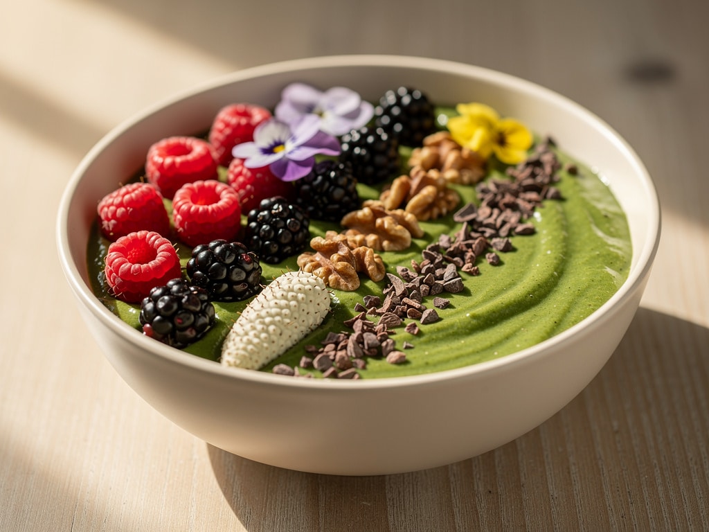 Grüne Smoothie Bowl mit Beeren, Walnüssen, Kakaonibs und weißen Maulbeeren