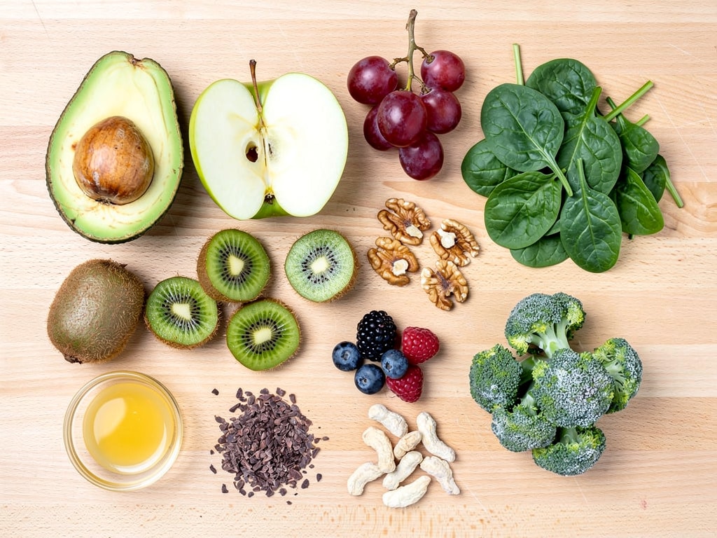 Zutaten für eine grüne Smoothie Bowl auf einer hellen Arbeitsfläche