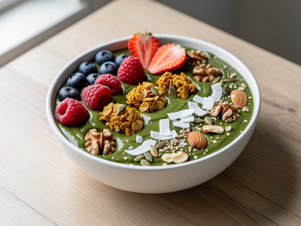 Grüne Smoothie Bowl mit Beeren, Granola, Nüssen und Samen in einer Keramikschale