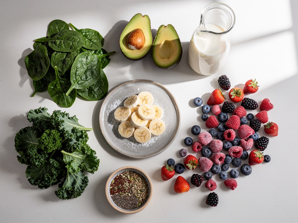 Spinat, Grünkohl, gefrorene Bananen, Beeren, Avocado und Pflanzendrink auf einer Arbeitsfläche