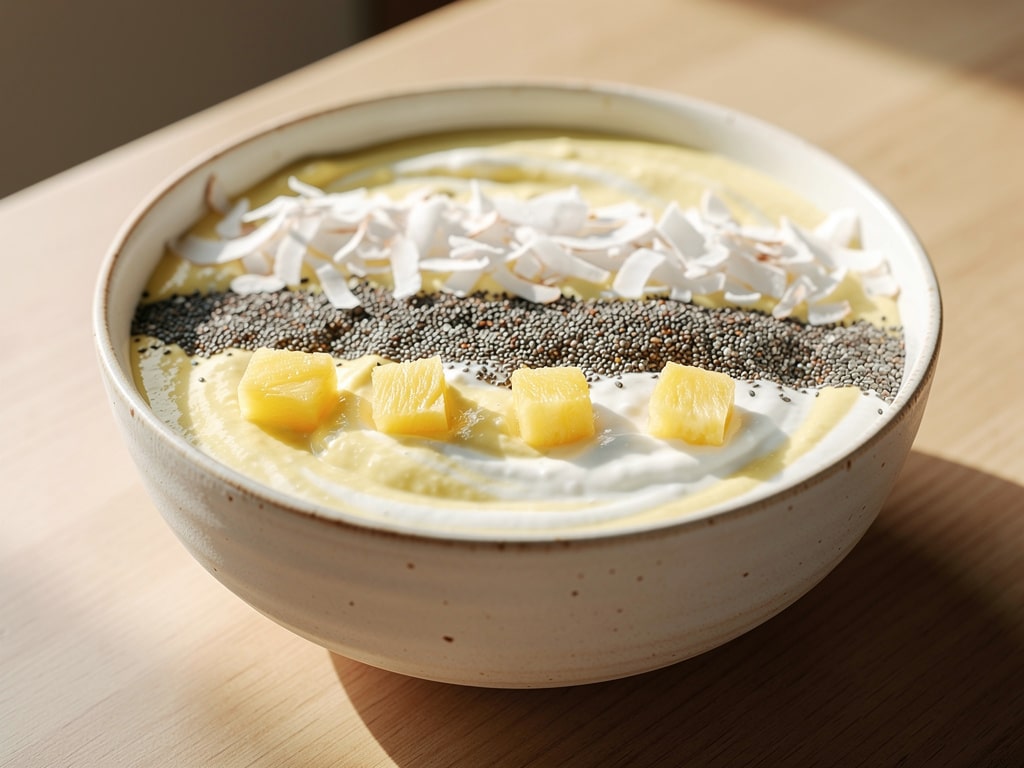 Goldgelbe Quark-Smoothie-Bowl mit Ananas, Kokosraspeln und Chiasamen