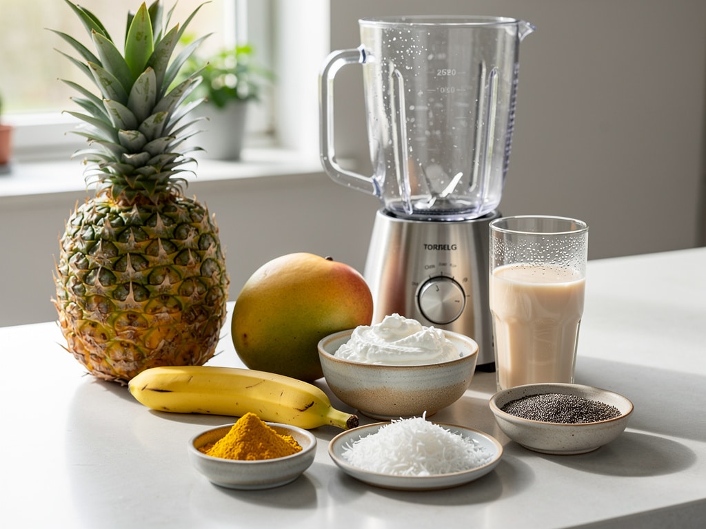 Zutaten für einen tropischen Quark-Smoothie neben einem Standmixer