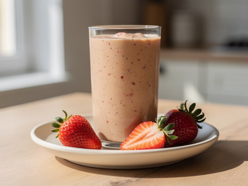 Cremiger Kaffee-Smoothie mit Erdbeeren und Banane in einem Glas