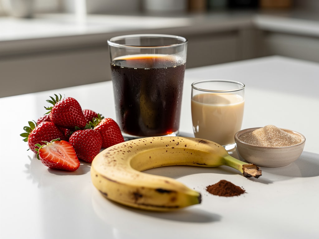 Zutaten für Kaffee-Smoothie mit Erdbeeren, Banane und kaltem Kaffee